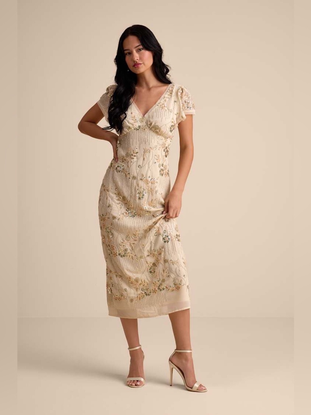 Lulu’s Angelila Sequin Beaded Short Sleeve Midi Dress